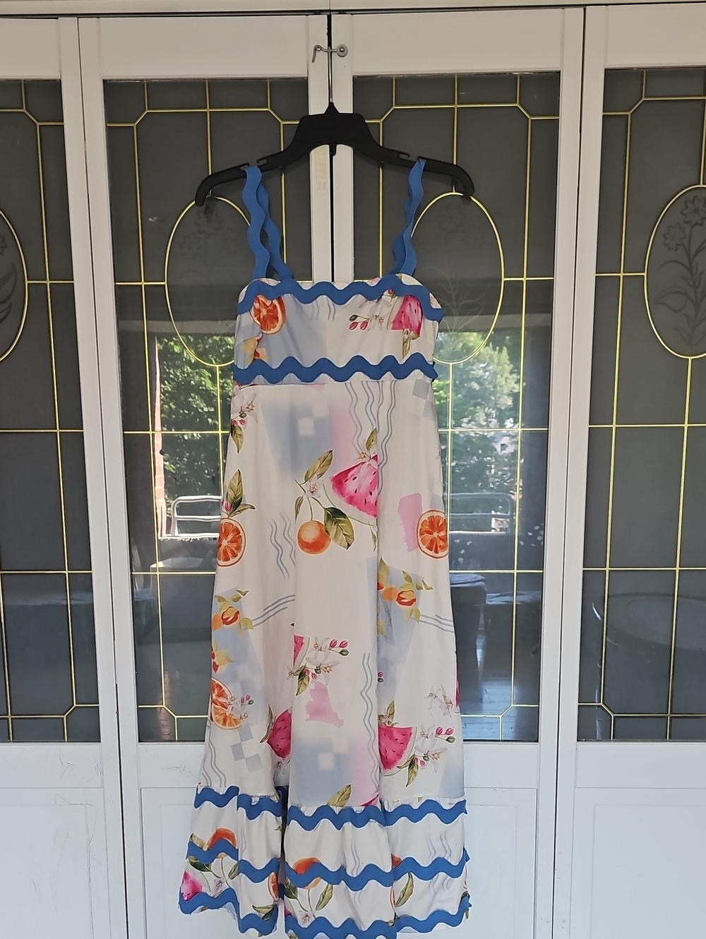 White Fruit Print Maxi Dress with Blue Trim
